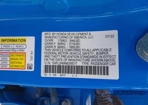 2022 Honda Civic Sport z USA, uszkodzony, nr VIN 19XFL2H84NE008317